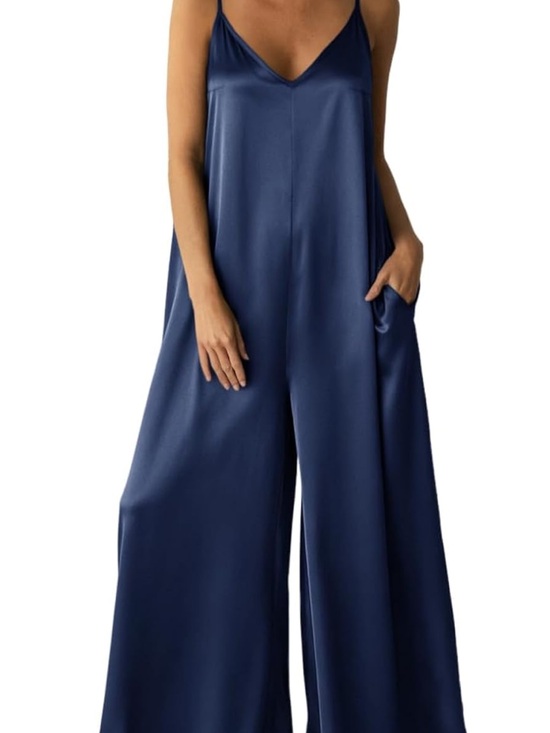 Amazon Pants - Amazon Navy Satin V-Neck Wide-Leg Jumpsuit